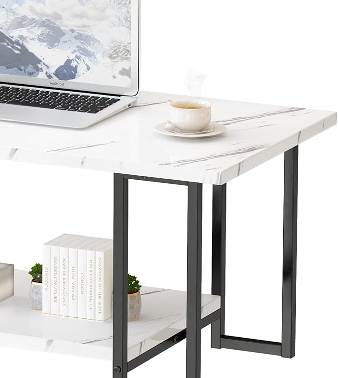 AWQM Marble Coffee Table, Faux Marble Top Rectangular Coffee Table with Black Metal Frame, 2 Tier Living Room Table for Living Room, Office, Balcony, White, 40 Inch