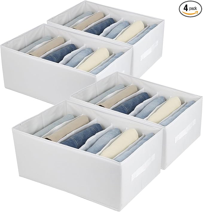 Extra Large Clothes Closet Organizer 6 Compartments for Jean Sweater Sheets to Shirt - Divided Clothing Storage Boxes for Closet, Wordrobe, Bedroom, Shelf (4pc White)