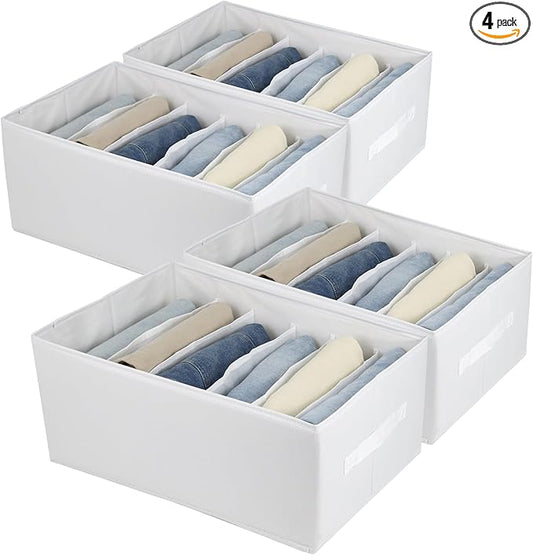 Extra Large Clothes Closet Organizer 6 Compartments for Jean Sweater Sheets to Shirt - Divided Clothing Storage Boxes for Closet, Wordrobe, Bedroom, Shelf (4pc White)