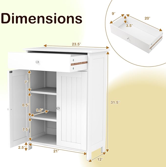 Tangkula Bathroom Storage Cabinet, Freestanding Floor Organizer w/ 2 Doors, 1 Drawer & 1 Adjustable Shelf, Modern Home Bathroom Furniture for Living Room Entryway Kitchen (Cabinet & Drawer, White)