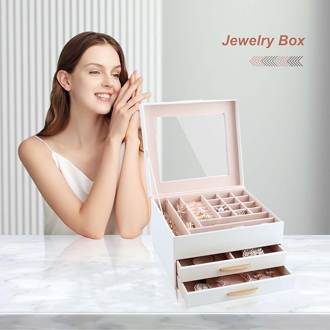 Jewelry Storage Box with Glasses Lid, 3-Tiers Jewelry Organizer Box for Women Girls, Jewelry Case for Rings, Bracelets Earrings, Necklaces (White)