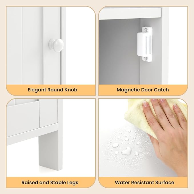 Tangkula Bathroom Storage Cabinet, Freestanding Wooden Single Door Side Floor Organizer with Adjustable Shelf, Small Bathroom Cabinet for Small Spaces, Living Room (White)