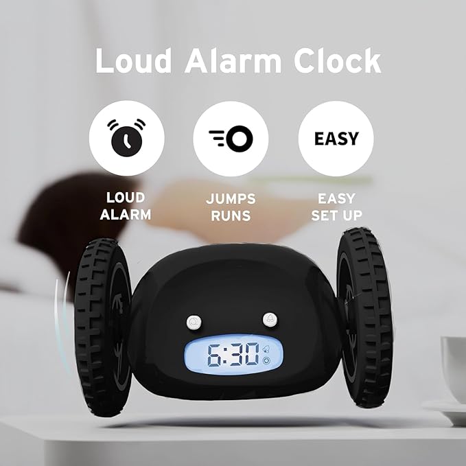 CLOCKY Extra Loud Alarm Clock for Heavy Sleepers on Wheels Rolls Runaway Vibrating Easy To Set Super Smart Snooze Digital Bed Shaker Alarm Clock Funny Gift for Adults Kids Teens Bedroom (Black Wheels)
