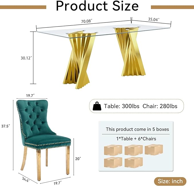 7 Piece Dining Table Set with 6 Green Dining Chairs, Modern Glass Kitchen Table and Chairs Set for 6, 70" Rectangle Gold Glass Pedestal Dining Room Tables with Flash-Shape Stainless Steel Base