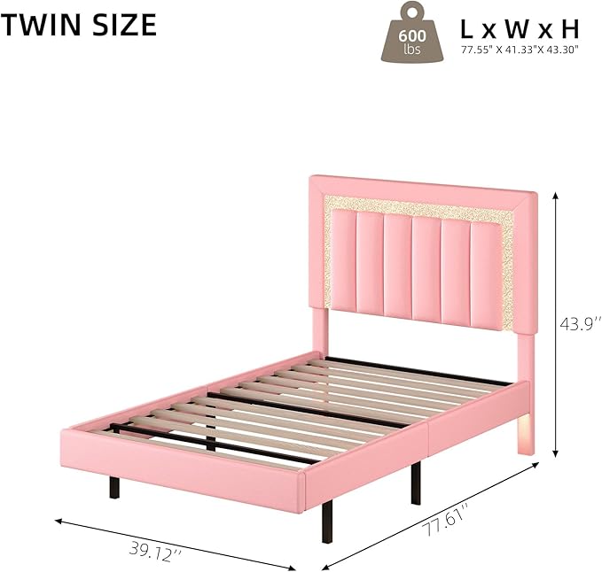 HOMBCK Floating Twin Bed Frame with Smart LED Lights, Faux Leather Upholstered Platform Bed with Diamond Headboard, No Box Spring Needed, Noise-Free, Easy Assembly, Pink