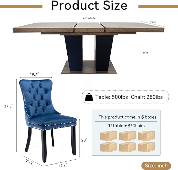 Goujxcy 78.7" Extendable Dining Room Table Set for 8, 9-Piece Farmhouse Kitchen Dining Room Table Set with Wood Base and 8 Black Velvet Tufted Chairs, Extending Kitchen & Dining Table Set of 8