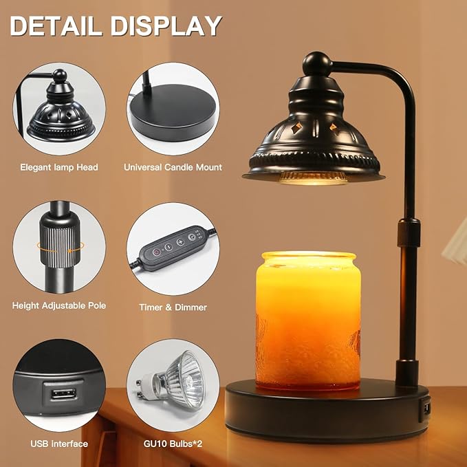 LIDORE Candle Lamp, Candle Warmer Lamp with Timer (Black, USB Charger)