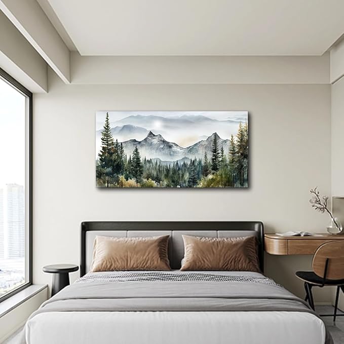 Lapremoly Canvas Wall Art for Living Room, Bedroom, Office - Modern Abstract Mountain Scenery Paintings, Misty Forest Landscape Pictures - Home Decorations Artwork