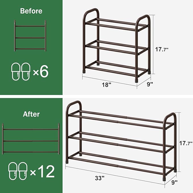 Expandable Shoe Rack for Closet, 3-Tier Shoe Organizer for Closet, Metal Adjustable Black Shoe Shelf Storage Organizer, Free Standing Shoe Rack for Entryway