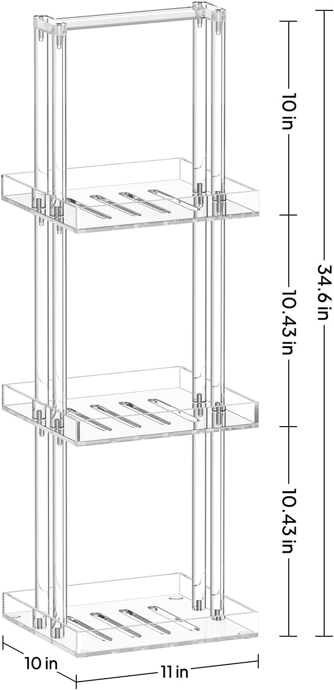 Aquiver Acrylic Standing Shower Caddy - 3 Tier Shower Organizer Stand with Handle - Corner Shower Caddy for Inside Bathroom, Bathtub, 11'' L x 10'' W x 34.6'' H, Clear