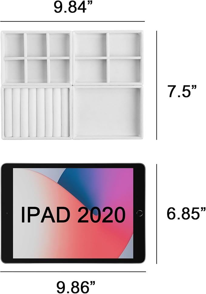 Frebeauty Small Jewelry Tray Set,Stackable Velvet Jewelry Organizer Tray,Mini Jewelry Drawer Organizer,Drawer Inserts,4.92 x 3.74 x 0.9 Inches,Earring Organizer for Women(Set 4,White)