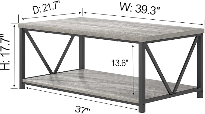 FOLUBAN Modern Coffee Table, Rustic Wood and Metal Center Table with Storage Shelf, Industrial Cocktail Table for Living Room, Light Grey, 39 Inch