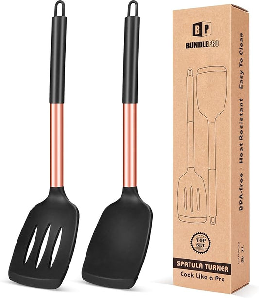 Pack of 2 Silicone Solid Turner, Non Stick Slotted Kitchen Spatulas, High Heat Resistant BPA Free Cooking Utensils, Ideal Cookware for Fish, Eggs, Pancakes(Rose Gold Black)