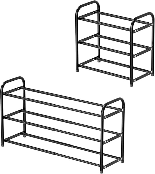 SUFAUY Expandable Shoe Rack Organizer, 3-Tier Metal Adjustable Shoe Shelf for Closet Entryway, Black