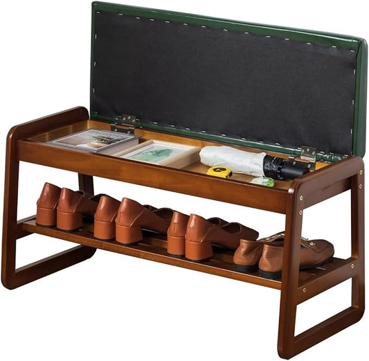 Shoe Rack Bench, Solid Wood Entryway Bench with Flip-Open Storage Box for Entry, Hallway (Green-31.5")