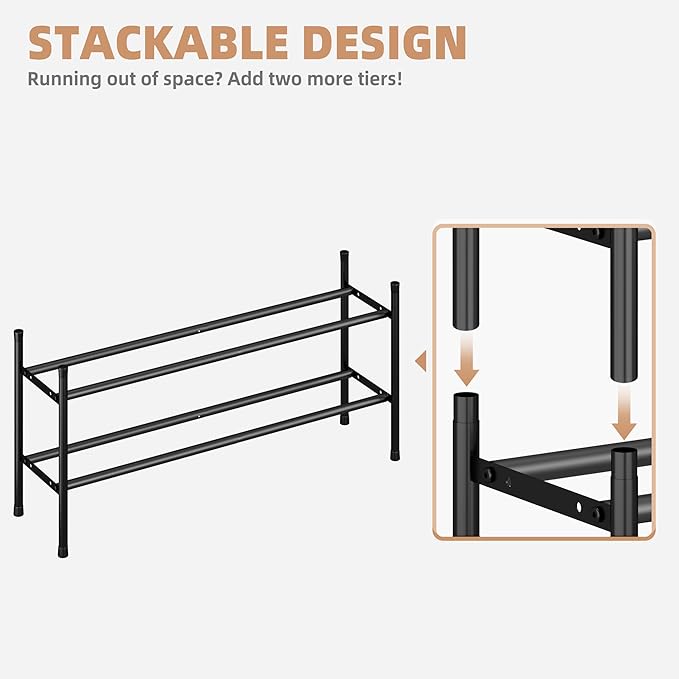 STORAGE MANIAC Long Expandable Shoe Rack, 6 Pairs Metal Wide Stackable Shoe Rack, Adjustable Shoes Shelf, Freestanding Shoes Organizer for Closet, Entryway, Hallway, Garage, Front Door, 1 Tier