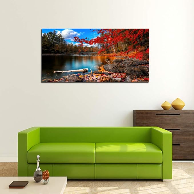 DZL Art S72650 Nature Wall Art Canvas Artwork Lake Mountain Red Maple Leaf National Park Nature Pictures for Living Room Bedroom Office Wall Decor Home Decoration