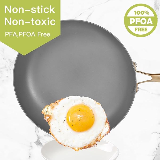 AUDANNE Nonstick Pots and Pans Set 9 Pieces, Non Stick Kitchen Cookware, Cooking Skillets Include Frying Pan with Lid, Saucepan, Casserole, Spoon, Turner Spatula, PFOA Free for Induction, White & Gold