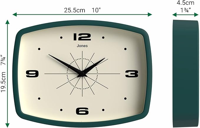 JONES CLOCKS® Movie Wall Clock | Rectangular Retro Clock | 10 inch | Dark Green | Cool mid-Century Designer Look for Kitchen, Living Room or Office