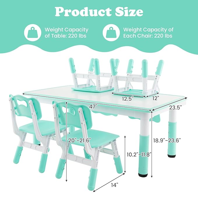 INFANS Kids Table and Chiar Set, Height Adjustable Toddler Desk and 4 Chairs with Graffiti Desktop Non-Slip Legs, Large 47" L x 23.5" W Multi-Activity Art Table for Daycare Classroom Home (Green)