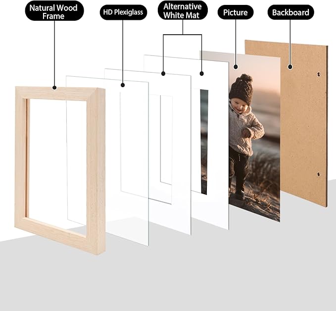 KINLINK 5x7 Picture Frame White Oak, Solid Light Wood Frames with Acrylic Plexiglass for 3.5x5/4x6 with Mat or 5x7 without Mat, Tabletop and Wall Display Photo Frame, Set of 4