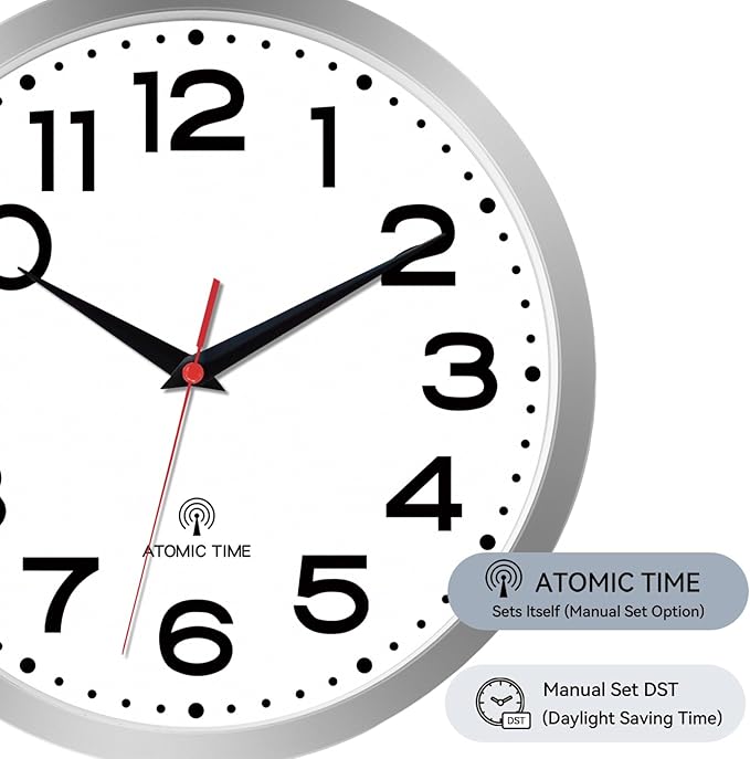 Atomic Wall Clock 12 Inch, Modern Clock Battery Operated Classic Analog Decorative for Kitchen, Living Room, Office, Bedroom, Bathroom (Silver)