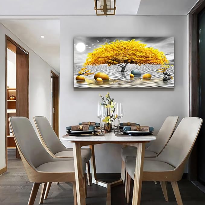 Wapluam Black And White Wall Art - Framed Canvas Wall Decor For Living Room, Office, Bedroom - Large Artwork - 20" X 40" - Yellow Tree View