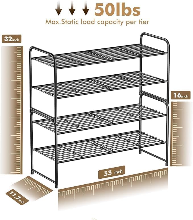 SUFAUY 2-Tier 33" Wide Shoe Rack, Closet Metal Shoe Rack Organizer Heavy Duty, Stackable, Black