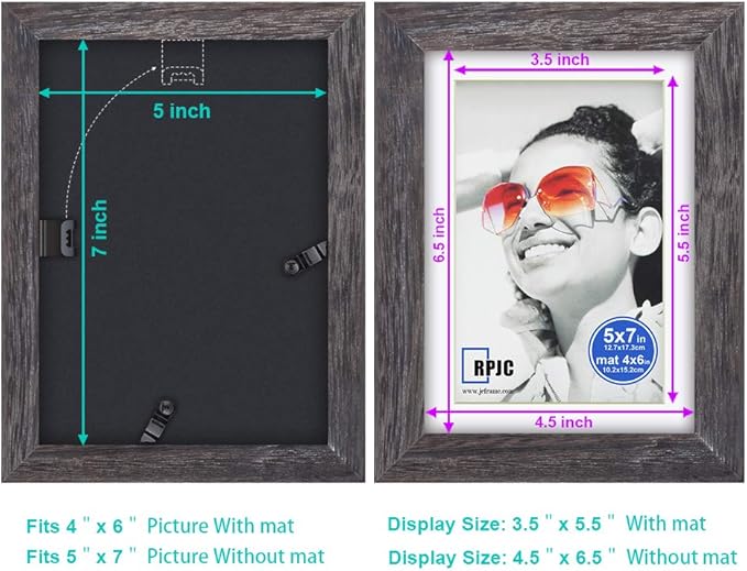 RPJC 5x7 inch Picture Frame Made of Solid Wood and High Definition Glass Display Pictures 4x6 with Mat or 5x7 Without Mat for Wall Mounting Photo Frame Driftwood Finish