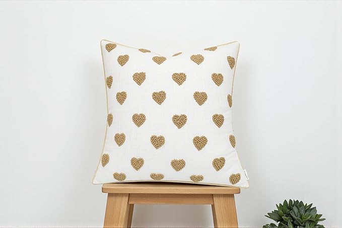 VAGMINE Hand Embroidered French Knotted Hearts Pillow Cover - 18x18 Inches Square - 100% Cotton Off-White Decorative Cushion Cover - Romantic Gift for Couples - Valentine’s Bedroom Décor