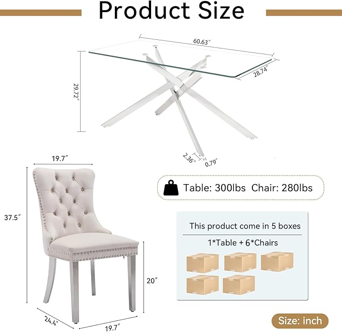 Goujxcy 7 Piece Glass Dining Table Set Modern Glass Dining Table Set for 6, 61" Rectangular Silver Kitchen Table and 6 Velvet Upholstered Chairs, Silver Table & Beige Chair