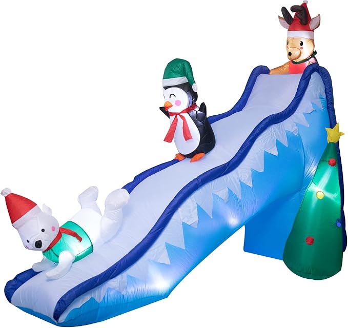 Bshine Christmas Inflatable Outdoor Decorations - 9.5 FT Christmas Inflatable Fun Slide Scene with Penguin Reindeer Polar Bear Blow Up Xmas Decorations with LED Lights for Lawn Garden Decor