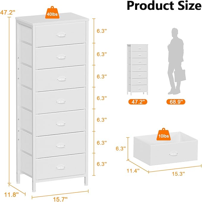 Furnulem White Tall Dresser for Bedroom with 7 Drawers, Vertical Chest of Drawer in Closet, Nightstand Storage Tower Unit Organizer with Fabric Bins for Dorm,Living Room,Entryway,Hallyway