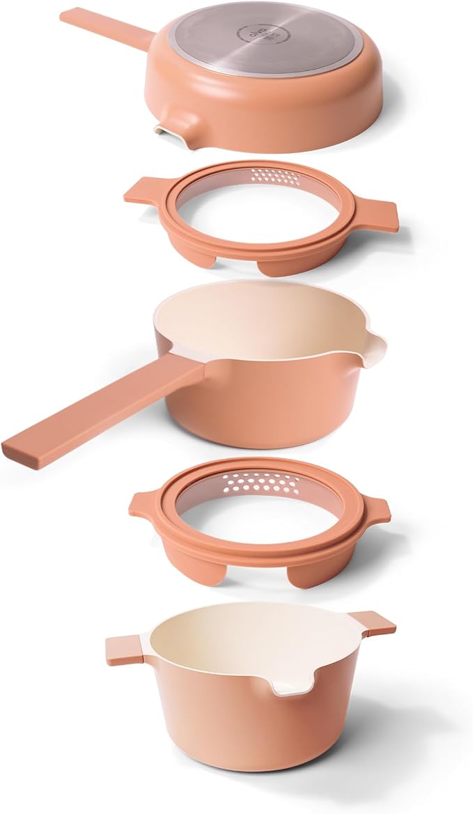 Alva Neat 5-Piece Nesting Cookware Set – Stackable Nonstick Pots & Pans with Universal Lids, Space-Saving Design for Apartments, RVs & Compact Storage - Save 50% Cabinet Space