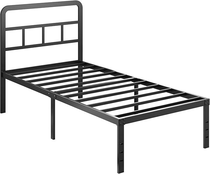 Twin Bed Frames with Headboard 16 Inch, Metal Platform No Box Spring Needed Heavy Duty Steel Slat Mattress Foundation/Easy Assembly/No Noise/Black