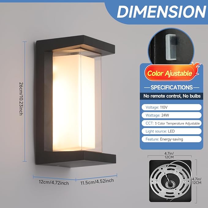 24W Porch Lights Outdoor 2160LM Modern Exterior Lights Fixtures 3CCT 3000K/4000K/6000K Black Outdoor Wall Lights LED Wall Mount Sconce for Garage Front Door Porch Hallway Doorway 2 Pack