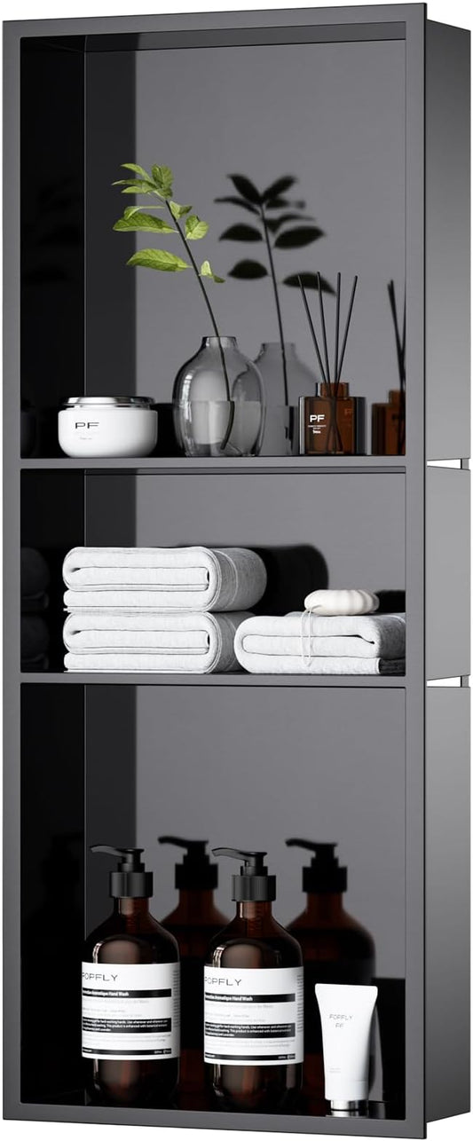 POPFLY 12"x30"x4" Dark Grey Shower Niche, 3 Layer Stainless Steel Recessed Shelf, No Tile Needed Recessed Storage Wall Niche for Bathroom/Laundry Room