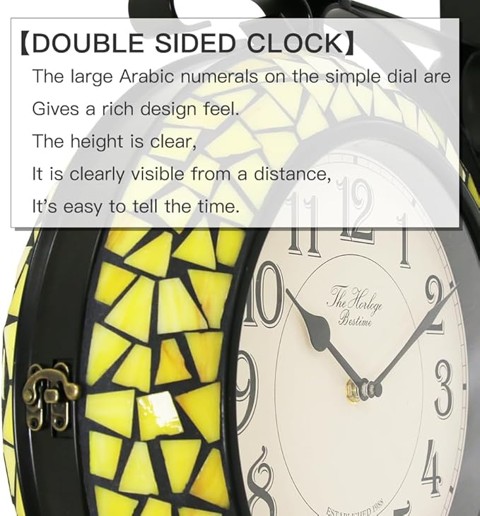 BESTIME 66298 Double Sided Wall Clock with Stained Glass.Dial: 10-Inch,Quiet,Easy Read,Retro Station,Antique Hanging Clocks for Garden,Home Decor,Indoor,Outdoor,Living Room.