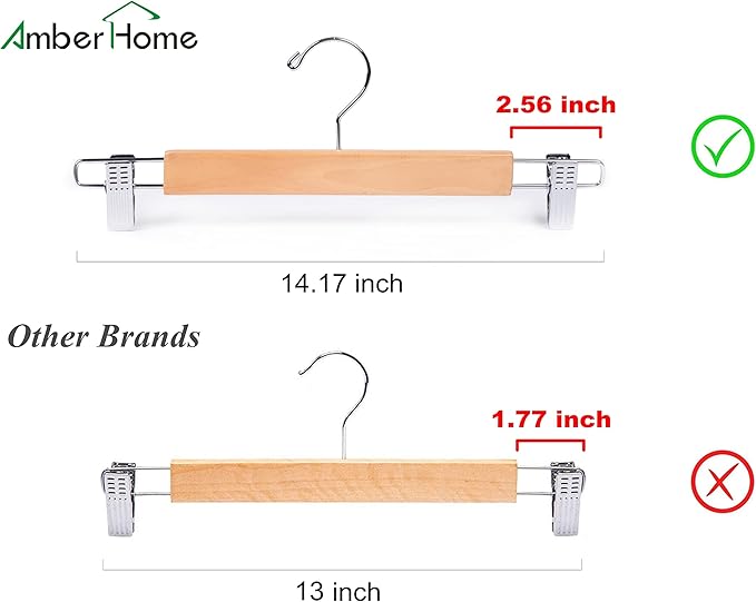 Amber Home 10 Pack 14.17" Solid Natural Wooden Pant Skirt Hangers, Bottom Hangers for Slacks Trousers Jeans with 2-Adjustable Anti-Rust Clips (Natural, 10 Pack)