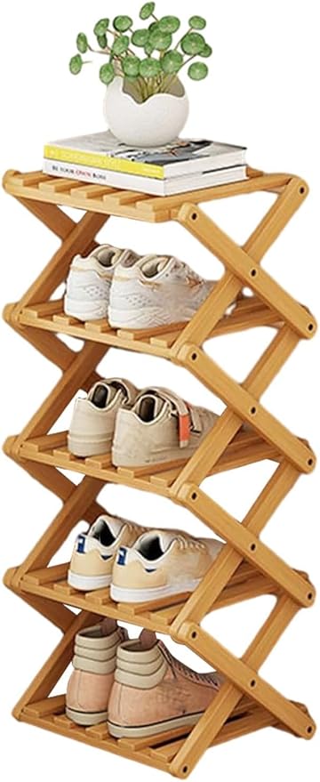 YYW Bamboo Shoe Rack for Entryway,Installation-Free and Foldable Vertical Shoe Storage Organizer,Free Standing Shoe Racks Shelf Closet Shoe Organizer for Living Room (Nature-5 Layers)