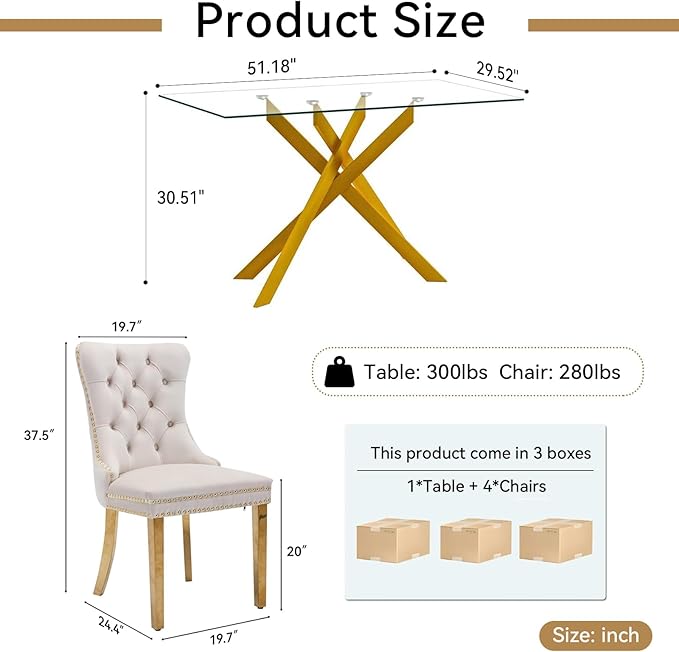 Goujxcy 5 Piece Glass Dining Table Set Modern Glass Dining Table Set for 4, 51" Rectangular Kitchen Table and 4 Velvet Upholstered Chairs for Kitchen Dining Room, Gold Table & Beige Chair