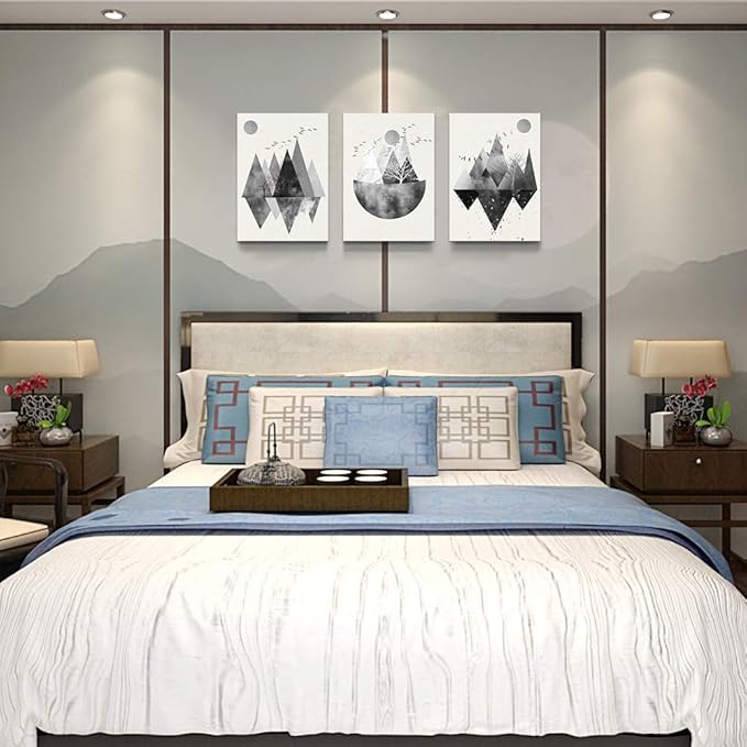Black and white Abstract canvas Wall Art for living room Canvas Prints Artwork bathroom Wall Decor Abstract Mountain geometric Watercolor painting 3 Pieces Framed bedroom wall decorations Home Decor