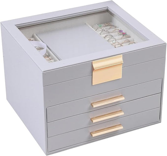 BOOVO Clear Lid Jewelry Box,4 Layers Jewelry Organizer Large Jewelry Storage Box with 3 Drawers,Jewelry Holder Organzier of Rings Earrings Necklace Bracelets for Women (Grey, 4 Layer)