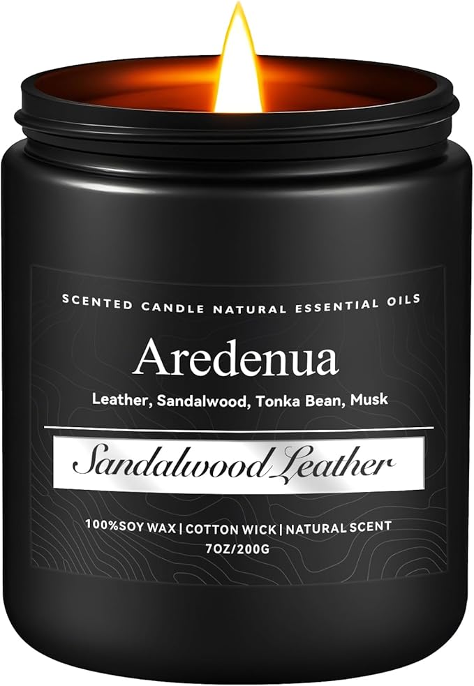 Sandalwood Leather Candle, Manly Candles for Home Scented, Masculine Aromatherapy Gifts for Men - 7oz Soy Candle, 50 Hours Burn Time, Perfect for Relaxing Home Fragrance