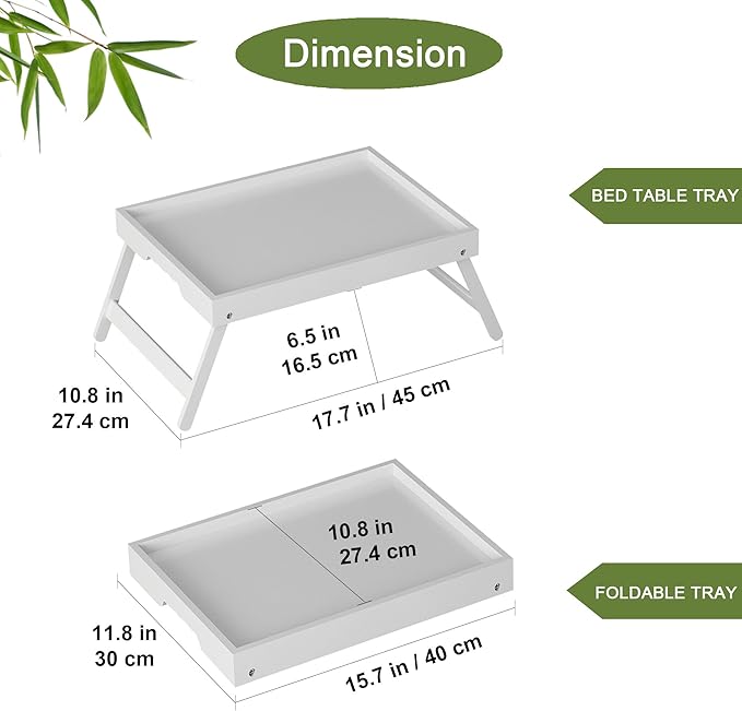 Bamboo Bed Tray Table with Foldable Legs, Breakfast in Bed Tray for Kitchen Serving Tray, Eating, Working, Drawing Tray (2 Pack, White)