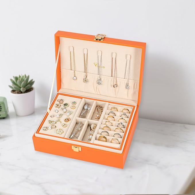 Voova Jewelry Box Organizer for Women Girls, 2 Layer Large Men Jewelry Storage Case, PU Leather Display Jewellery Holder with Removable Tray for Necklace Earrings Rings Bracelets, Vintage Gift,Orange