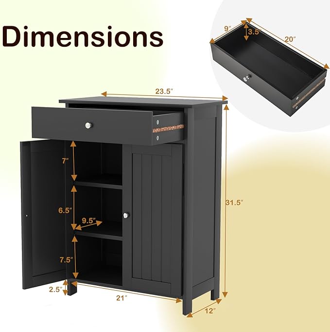 Tangkula Bathroom Storage Cabinet, Freestanding Floor Organizer w/ 2 Doors, 1 Drawer & 1 Adjustable Shelf, Modern Home Bathroom Furniture for Living Room Entryway Kitchen (Cabinet & Drawer, Black)