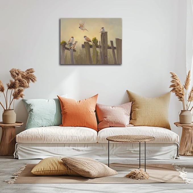 Bird Canvas Wall Art Birds Flying on The Wooden Fence Painting Decor Farmhouse Birds Art Print Pictures for Living Room Kitchen Home Office Decorations 24x32 inch