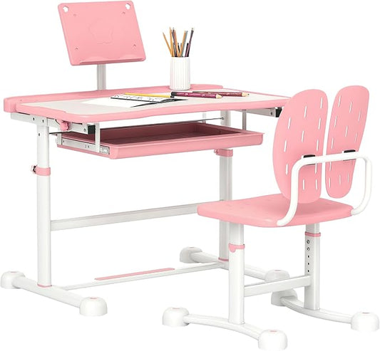 Qaba Kids Desk and Chair Set, Height Adjustable Kids School Study Desk and Chair Set with Tilt Desktop, Storage Drawer & Book Stand for Writing, Reading and Drawing, Pink