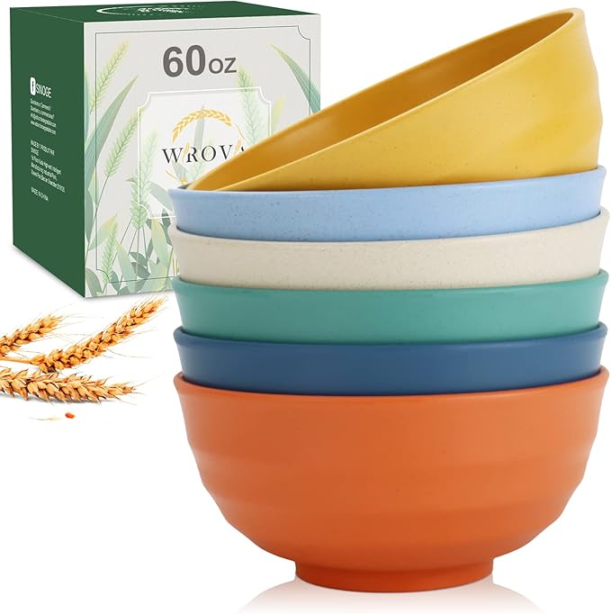 Wheat Straw Bowls Set 60 OZ Unbreakable Large Cereal Set of 6 - Microwave and Dishwasher Safe, Big for Camping and Party - BPA Free Soup Bowl for Serving Oatmeal and Salad - 6 Colors